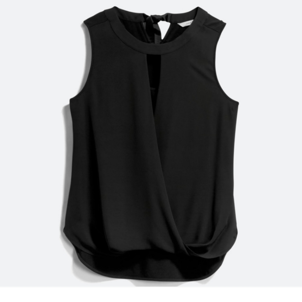 Black sleeveless blouse with keyhole detail and tie back